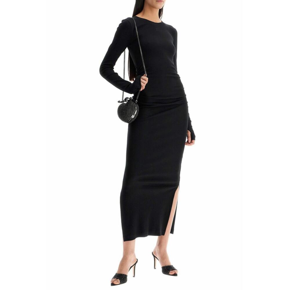 GANNI Soft Cotton Rib Long Sleeve Maxi Dress Black Ruched NWT Size Large